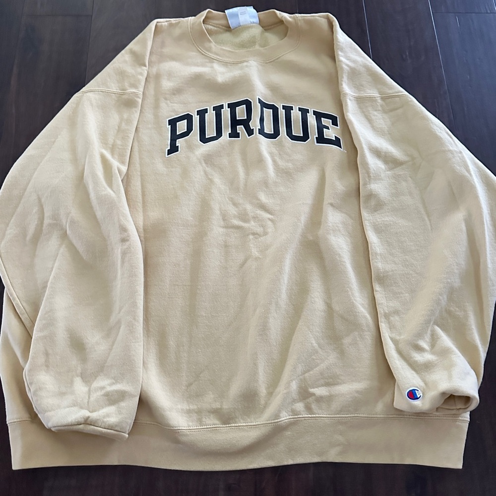 Purdue Crewneck: Champion Brand. Yellow oversized.